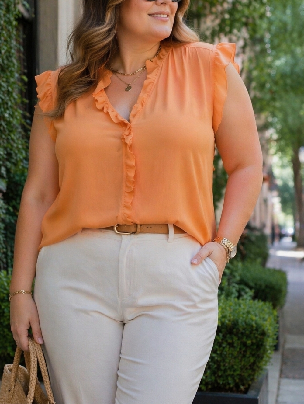 DKNY Ruffle Trim Sleeveless Blouse Orange Sheer Lightweight Feminine Office Chic
